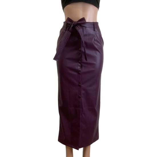Women Skirt Faux Leather High Waisted Front Slit Hip Wrapped Skirt with Belt Buttons Closure Commuting Street Skirt