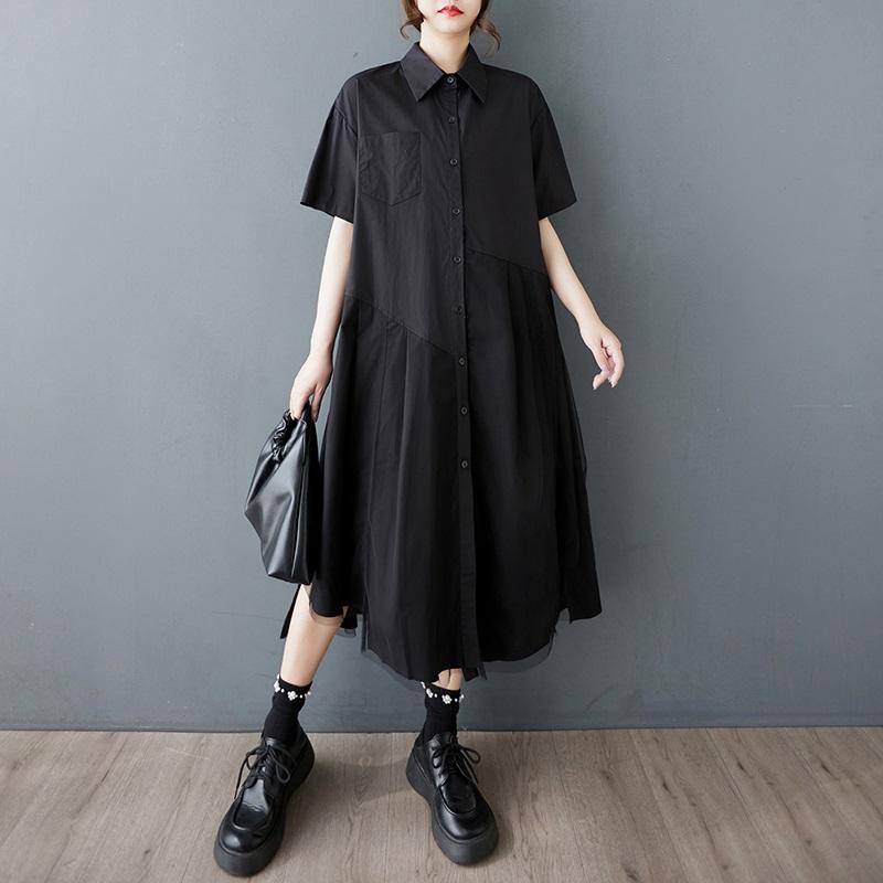 Short Sleeve Plus Size Black Cotton Mesh Vintage New In Dresses for Women Casual Loose Long Summer Shirt Dress