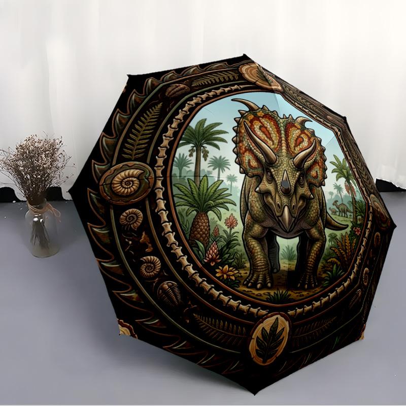 Prehistoric Dinosaur Emblem pattern umbrella, portable and foldable design, 8 ribs, a casual accessory for Halloween, Christmas, and birthday gifts.