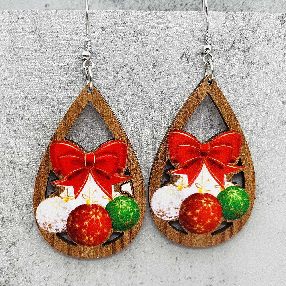 1 Pair of Christmas Holiday Ornaments Santa Bells Red Car Drops Wooden Earrings Christmas Ornaments