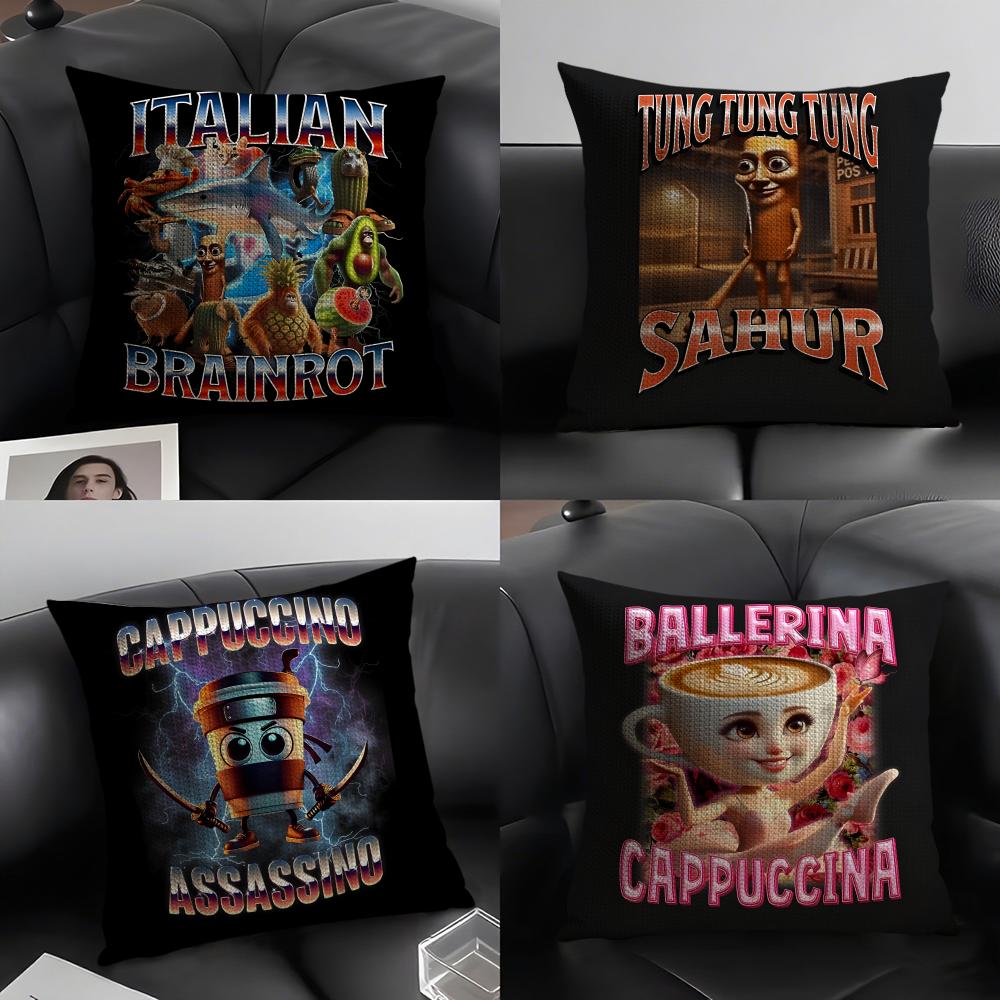 ITALlAN Brainrot Fashion Cushion Cover Natural Linen Organic Fabric DoubleSided Printing Sofa Home Decor Gift Pillow Case