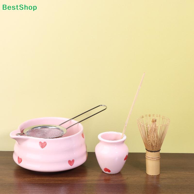 Pink Heart Matcha Whisk Set | Bamboo Chasen & Ceramic Bowl/Stand Kit for Matcha Preparation
