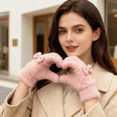 Damen Fuzzy Thermo-Handschuhe Flauschige Dicke Vollfingerhandschuhe mit Schleifen Winter Plüschhandschuhe für Kaltwetter Sport Fahren Weihnachtsgeschenke