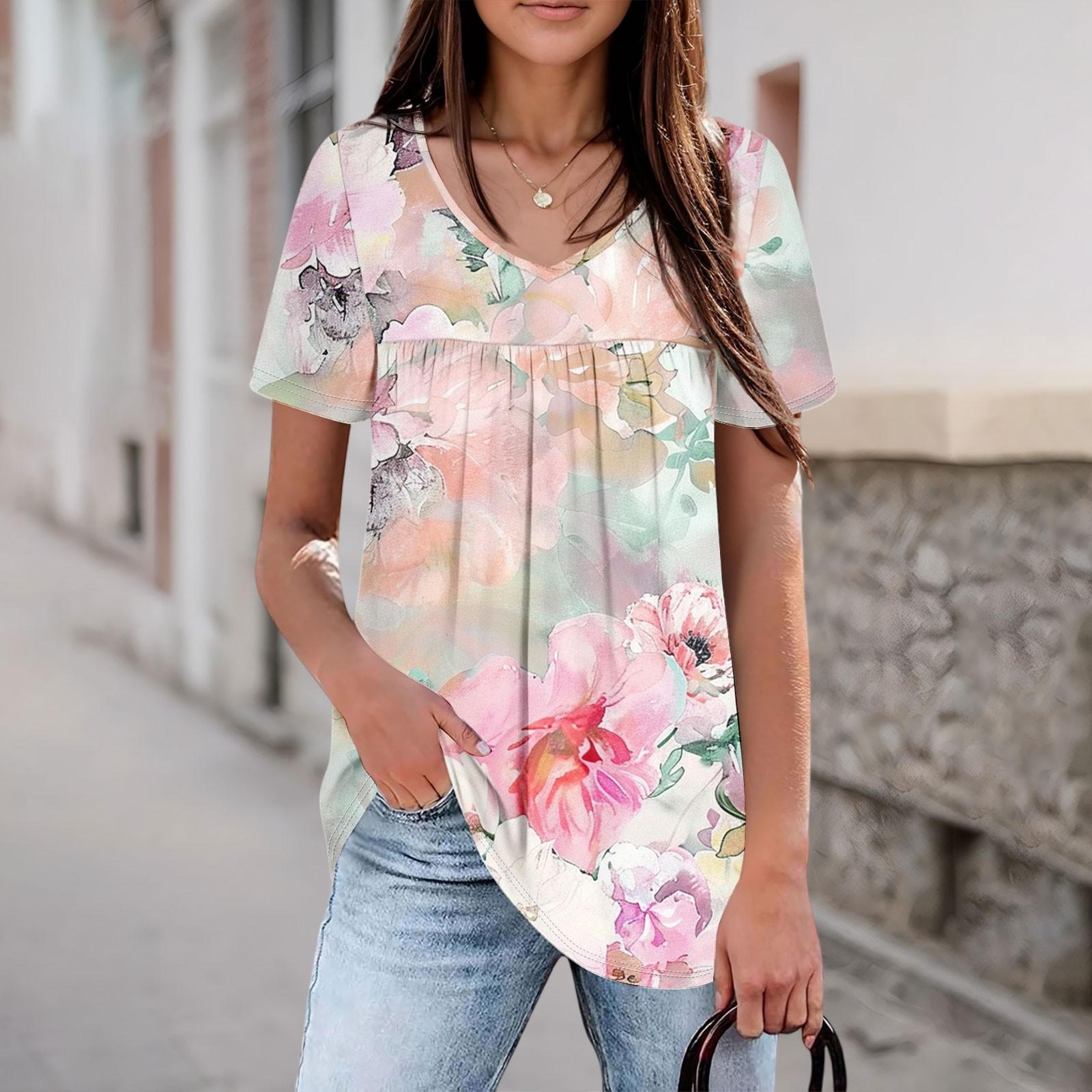 

Women s Casual V-neck Short-sleeved Chest Pleated Short-sleeved Top M