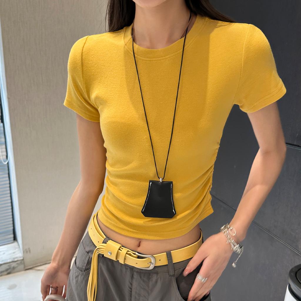 Women's Round Neck Short Sleeve Blouse Slim Fit Casual Style Ruched Cropped Cotton Tee