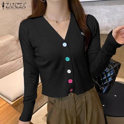 Spring Women V Neck Long Sleeve Buttons Cropped Casual Sweaters Cardigans