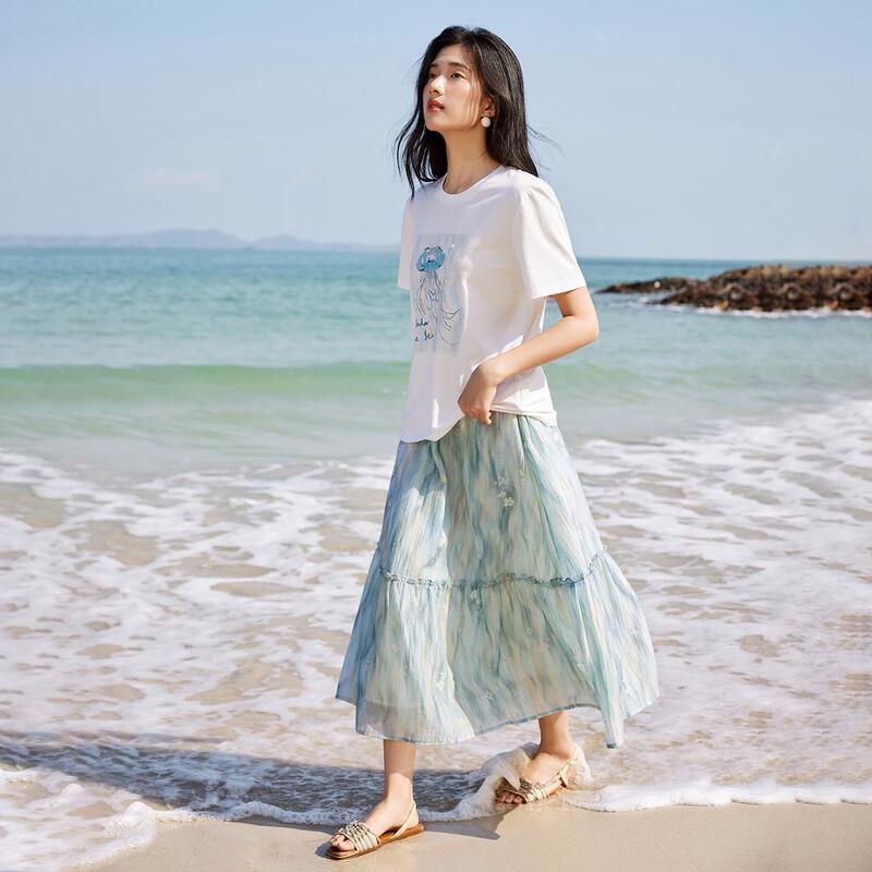Women's Pastel Casual Set: T-shirt & A-line Skirt
