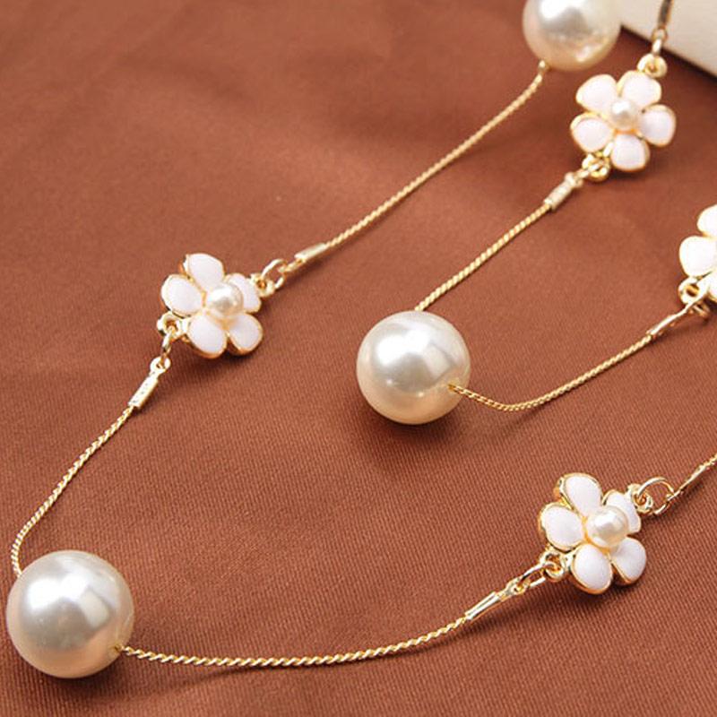 High Quality Women Layered Pearl Sweater Chain Necklace Collares De Moda Multi-layer Camellia Flower Long Necklace Party Jewelry