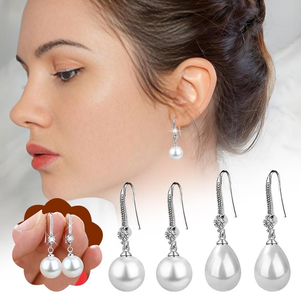 1 Pair Water Imitation Pearls Pearl Earrings Water Drop Shape Round Ear Studs Sparkling Inlaid Stud Earrings Women Gift