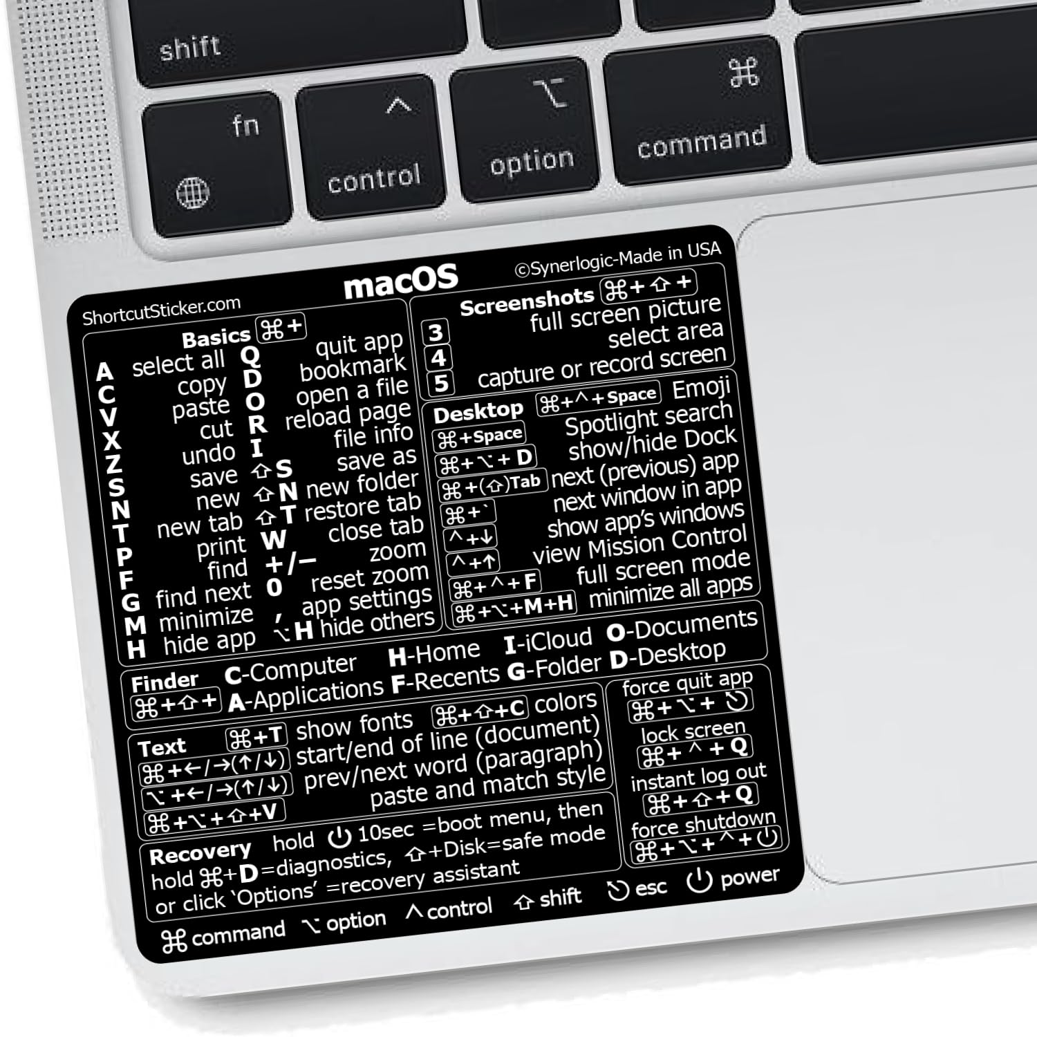 (2pcs) Наклейка Synerlogic со схемами горячих клавиш для Mac OS | Наклейки на клавиатуру для macOS | Ламинированный винил без следов | Шпаргалка для MacBook для ноутбука 1pcs чёрный