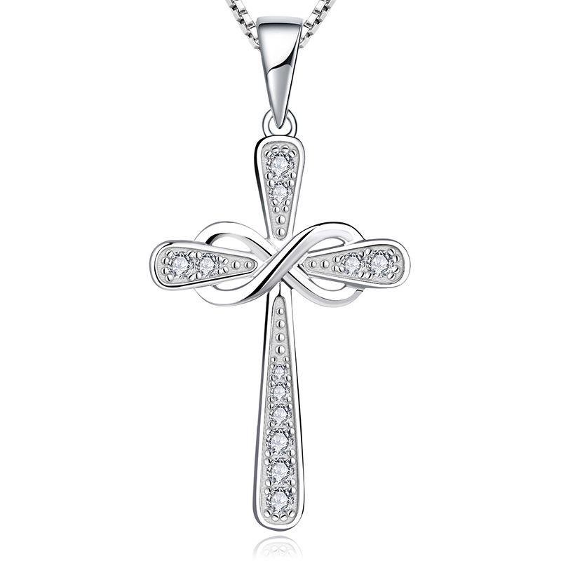 Sterlingsilber S925 Kreuz Halskette mit Schleife Zirkon Anhänger für Damen - Trendiges Schmuck Accessoire