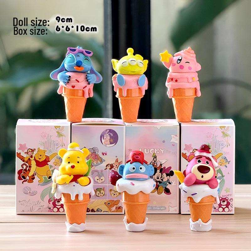 Big Star Ice Cream Cones 6-Piece Set: Trendy Anime Figures - Winnie, Strawberry Bear, Stitch, and Three-Eyed Monster