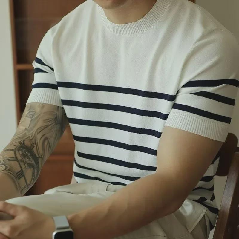 Men's Light-Mature Striped Ice Silk Short-Sleeve Knit Sweater
