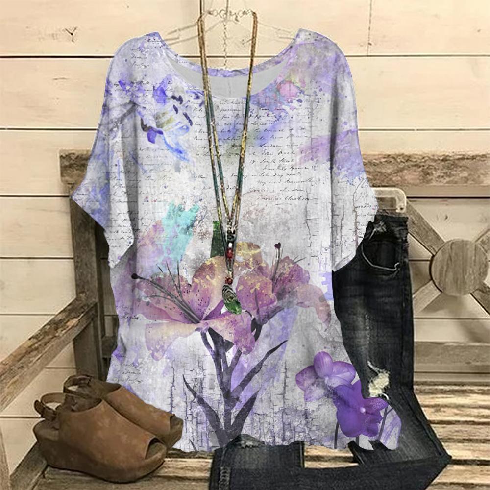 

Винтажная женская футболка с 3D-цветочным принтом, летняя рубашка с коротким рукавом и круглым вырезом, свободный женский топ, повседневный пуловер в стиле Харадзюку 8XL