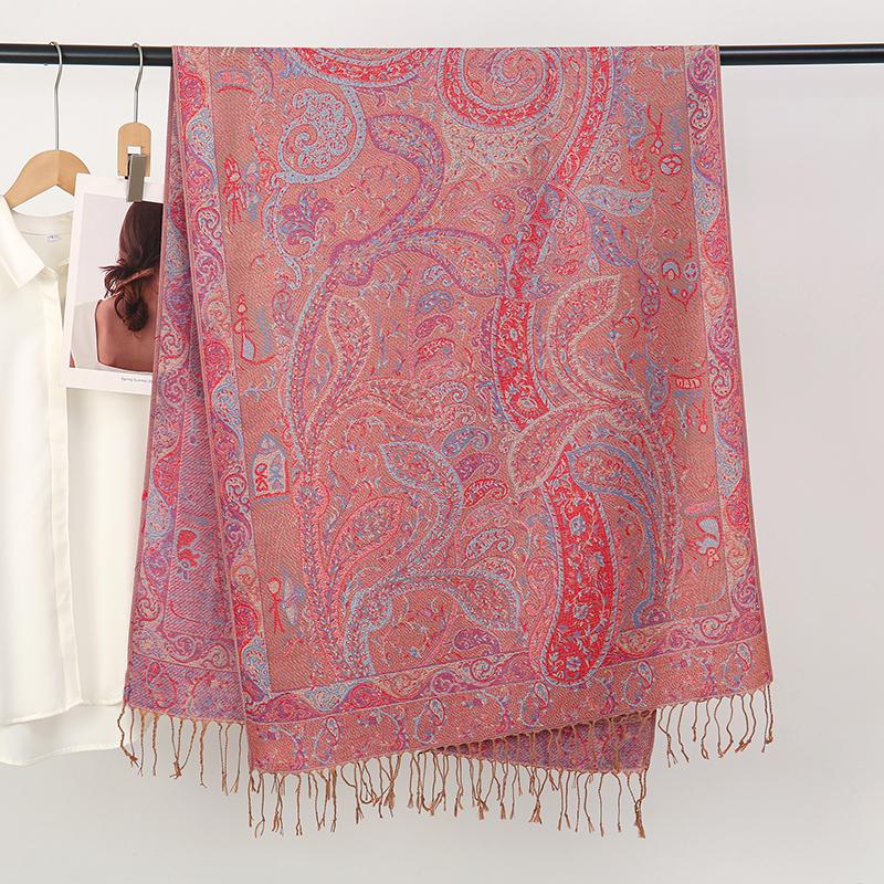 [T788] Winter Warm Thick Ethnic Style Jacquard Scarf Outdoor Women Travel Cashmere Tassel Shawl Neck Wrap Pashmina Retro Floral