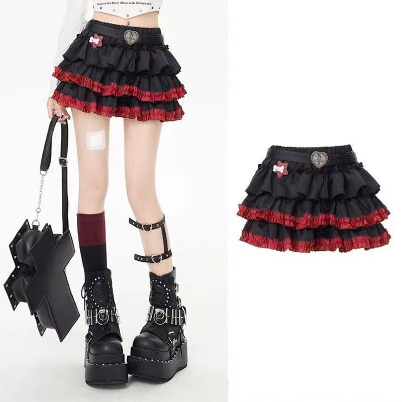 Women's Mini Pleated Skirt with Shorts Y2K Punk Gothic Style Cake Skirt Black Elastic Waist Summer Clothing Streetwear