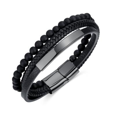 Rockyu Men's Black Leather Prayer Bead Bracelet, Multi-Wrap Bracelet, Perfect for Anniversary Gifts