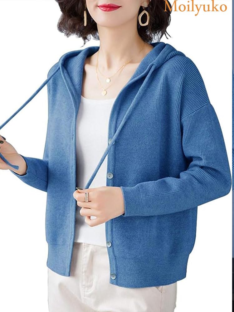 Moilyuko Hooded Long Top for and Mo72 Free Women's Cardigan, Sleeve, Figure-Flattering Spring, Autumn, Winter, (JP, Alphabet, Size, Blue)