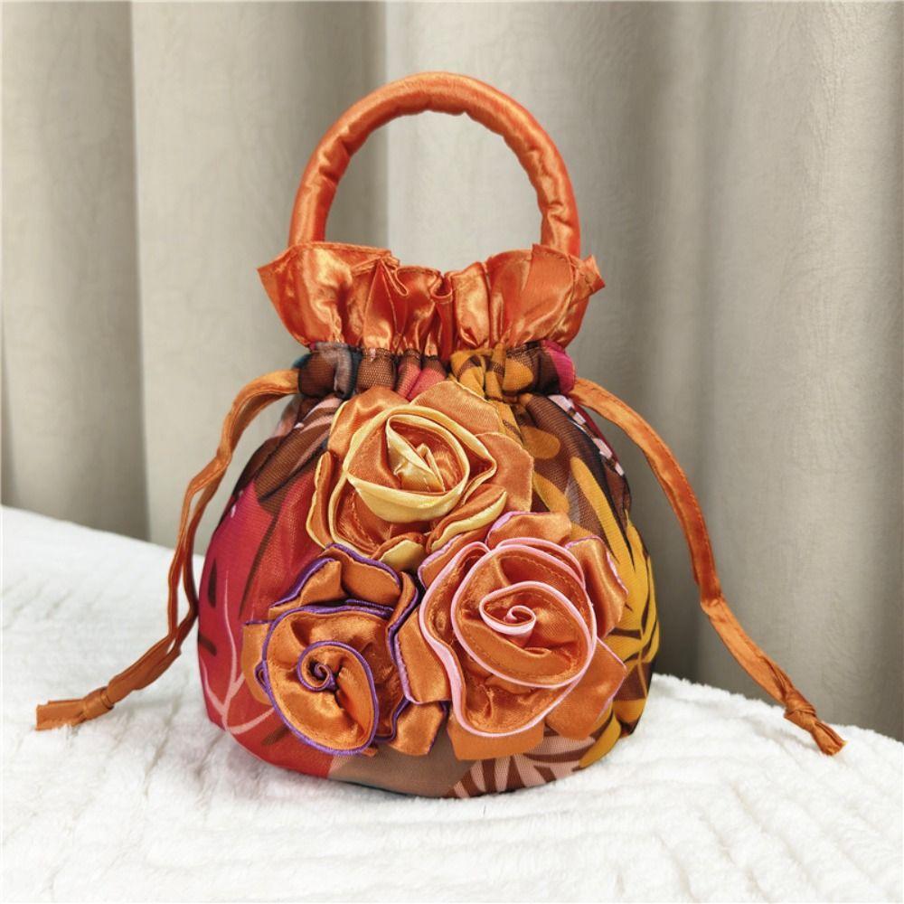 

Satin Silk Rose Flower Handbag Ethnic Style Hanfu Bag Purse Wallet Drawstring Bucket Bag Women озеро синього кольору