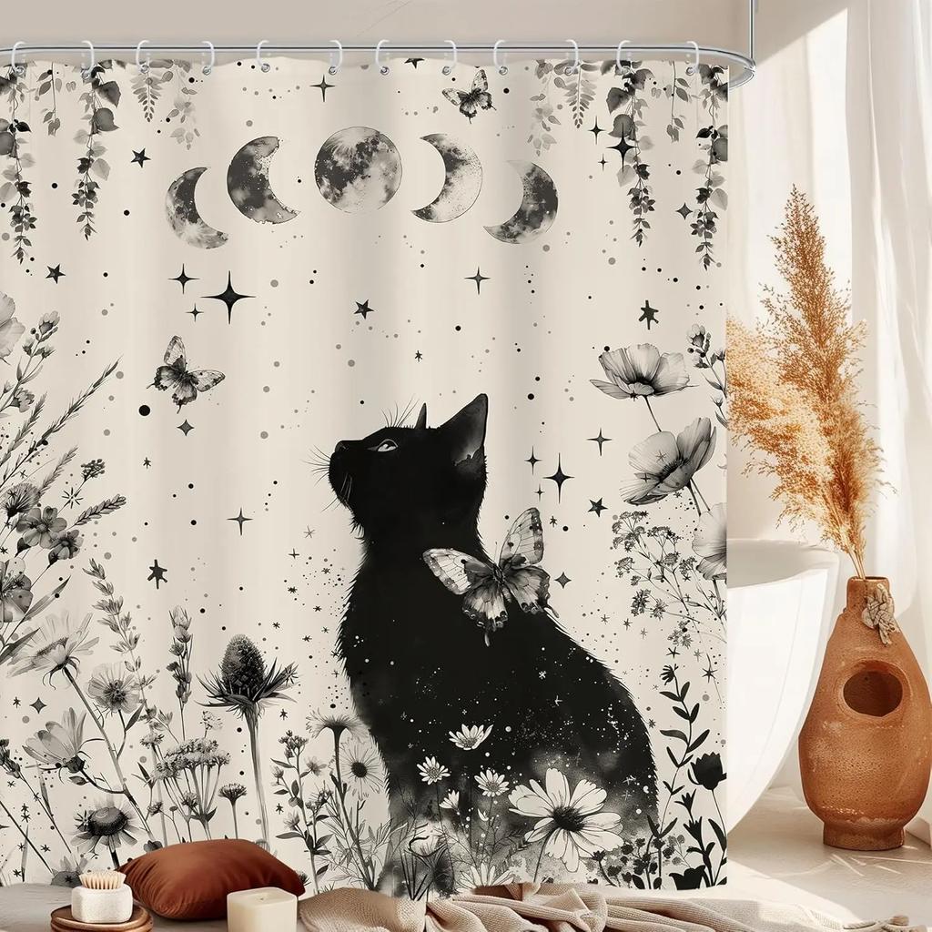 Japanese Cherry Cat Shower Curtain Black White Red Cute Animal Waterproof Polyester Bathroom Home Decorative Cover with Hook