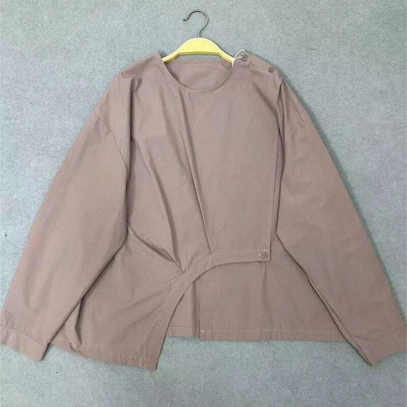 Johnature Unregelmäßiges Spleißdesign Rundhalsshirt Damen Langarm Frühling Japanischer Stil Reine Baumwolle Tops
