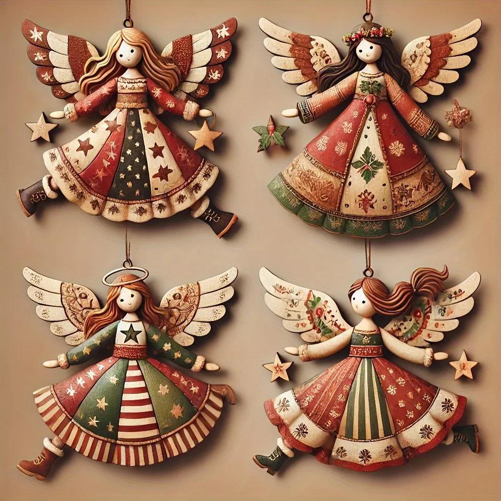4PCS/Set Vintage Angel Hanging Decor Fantasy Wooden Xmas Tree Hanging Ornament 2025 Navidad Decor for Home 2026 New Year Gift