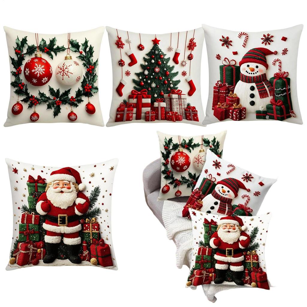 4 Pieces 18x18 Inch Winter Christmas Pillowcase Decor Linen Plush Cartoon Snowman Printed Pillow Cover Christmas Decoration