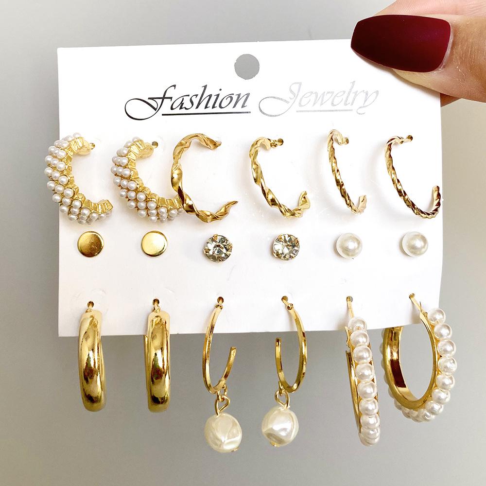 5-Pair Retro Leopard & Floral C-Shaped Earrings Set - Creative Personality Silver Hoops