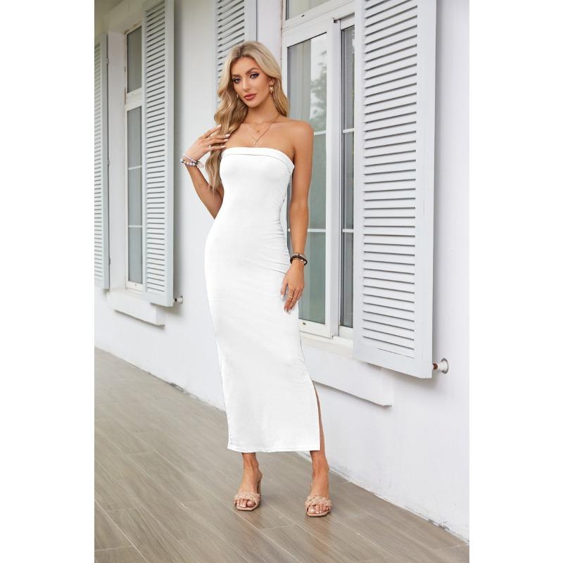 Women's Spring Summer Long Dress Sexy Party Side Slit Strapless Tight Pit Stripe Cocktail & Evening Dresses