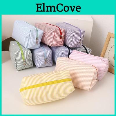 Student Grid Pattern Triangle Pencil Case With Striped Fabric For Portable School Supplies