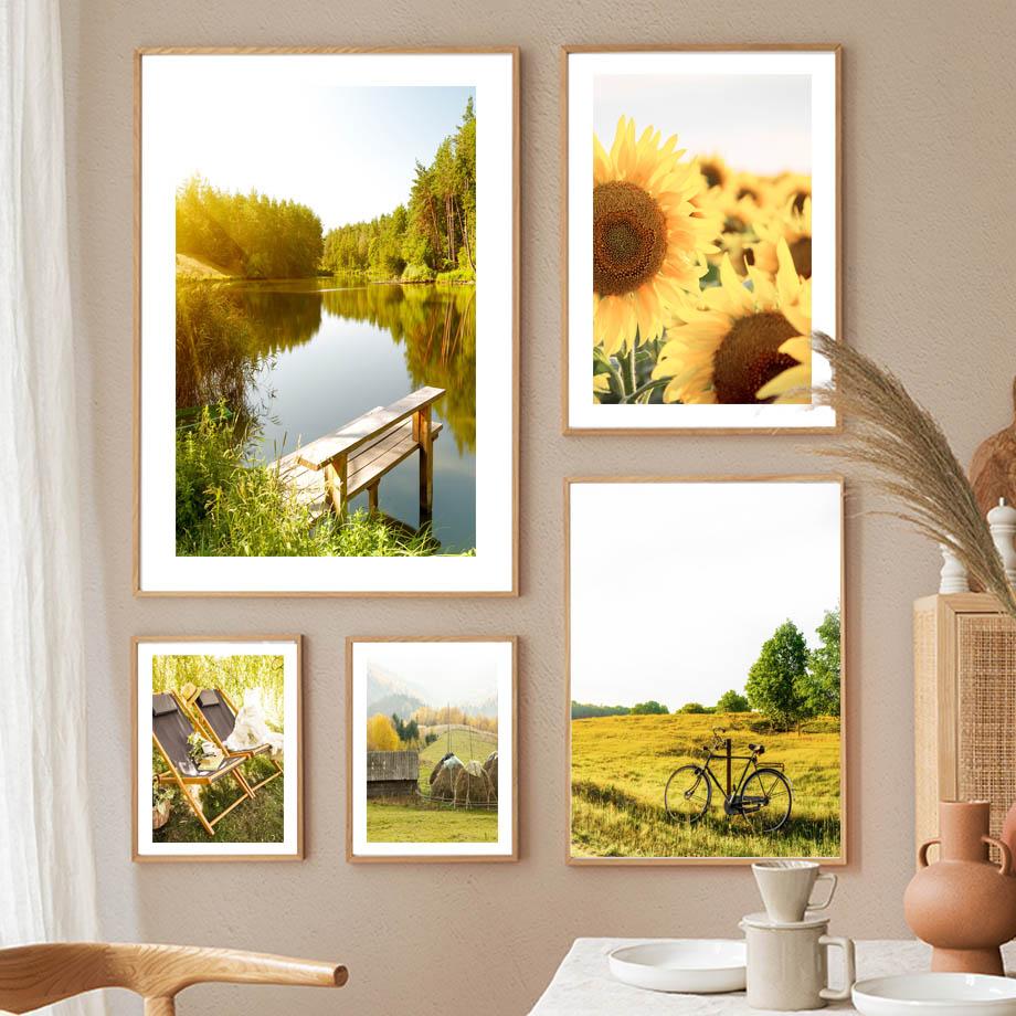 Spring Sunflower Idyllic Lake Landscape Posters And Prints Canvas Painting Nordic Wall Art Pictures For Living Room Home Decor