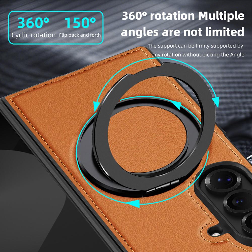 KEYSION 360° Rotating Magnetic Ring Stand PU Leather Case for MagSafe for Samsung Z Fold 7 5G Wireless Charging Phone Back Cover