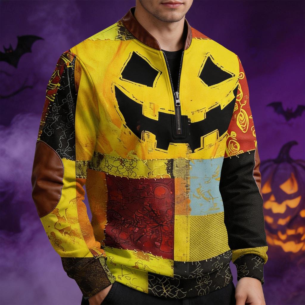 Men's Casual Retro Half Zip Long Sleeve Sweatshirt with Halloween Print