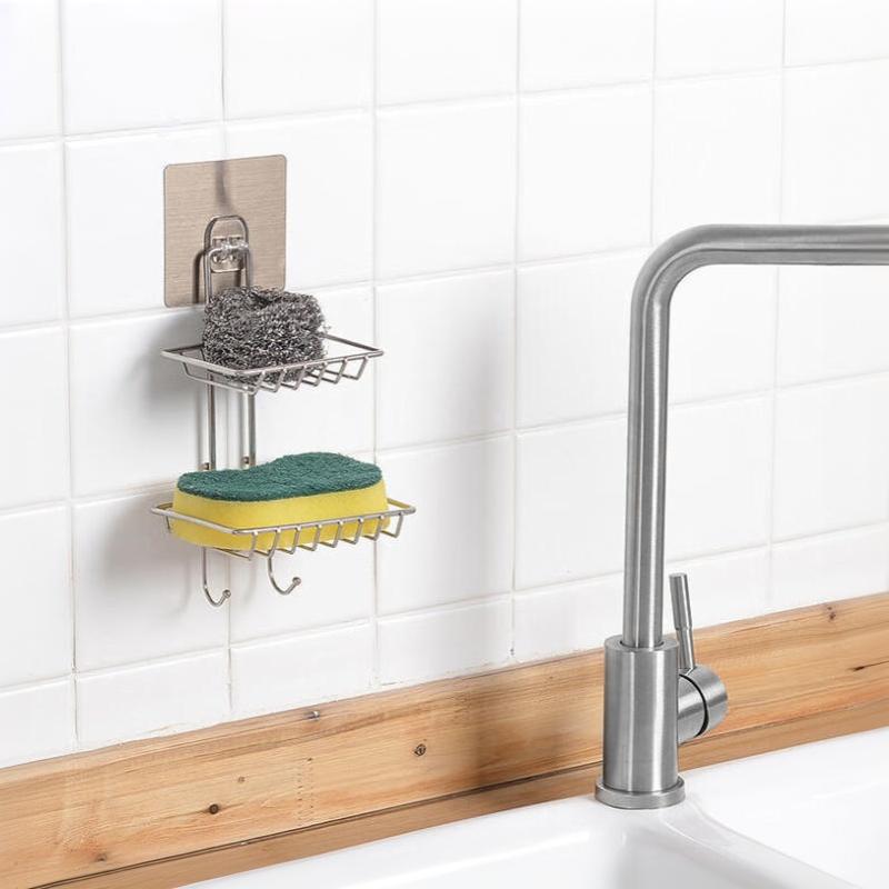 Porte-savon double étage égouttoir en acier inoxydable sans perçage mural porte-savon salle de bain cuisine douche organisateur de rangement