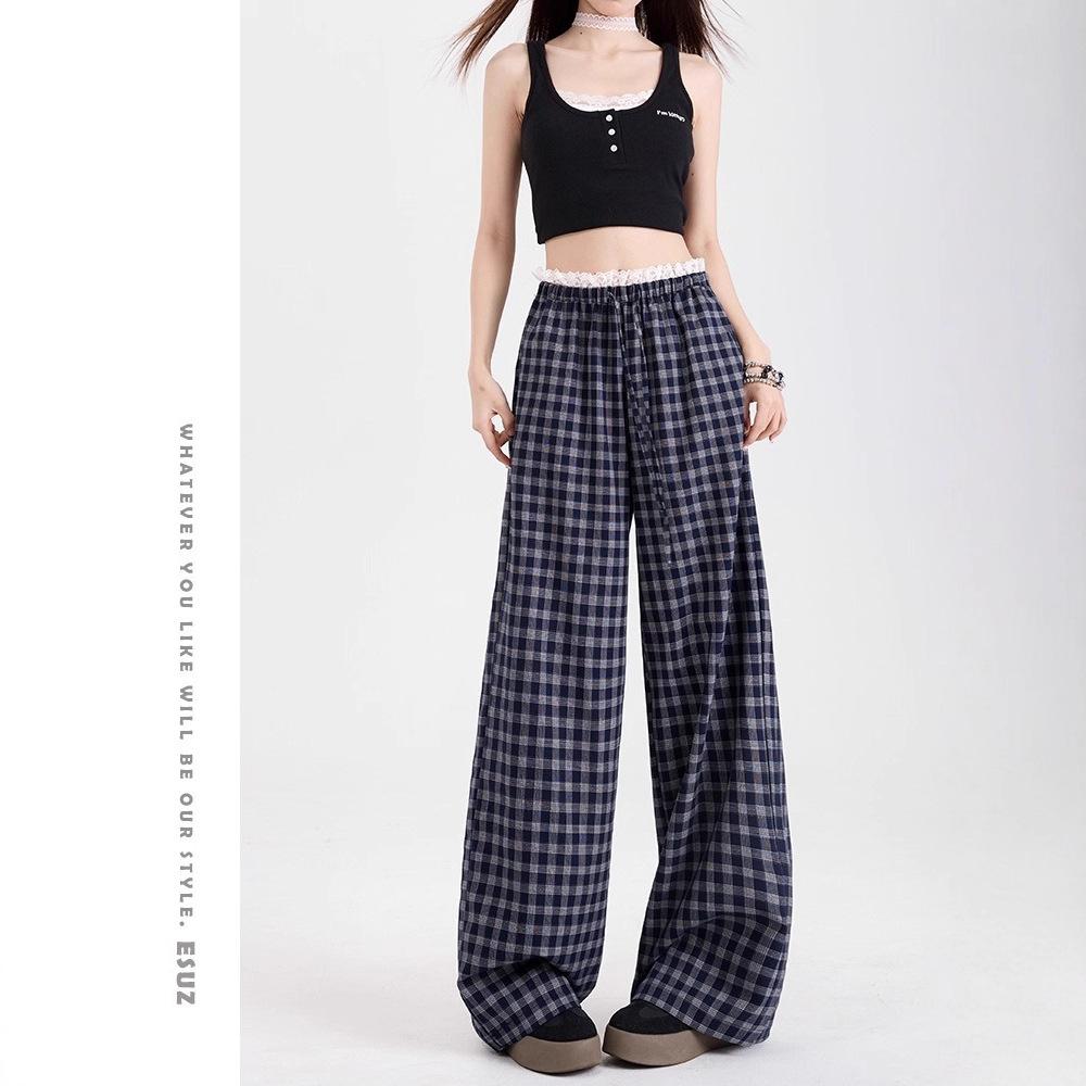 Women's High Waist Wide Leg Pants Straight Leg Trousers Plaid Print Lace Patchwork Casual Loose Fit Long Trousers For Summer Daily Wear