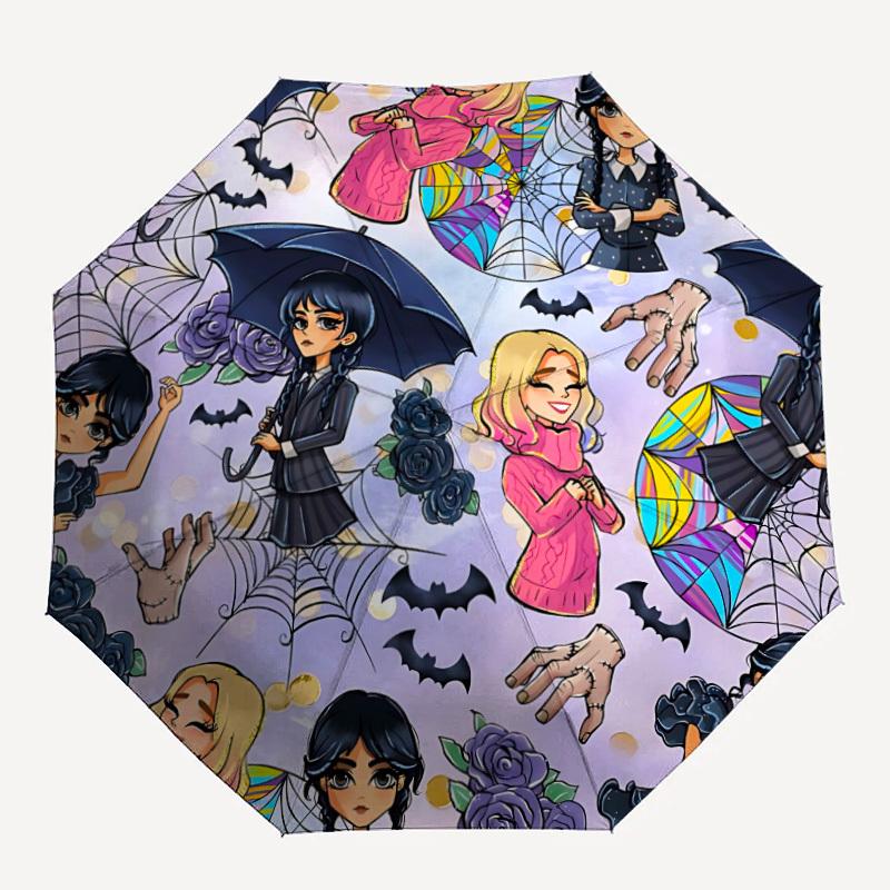

1pc Wednesday Halloween Characters Automatic Open/Close Folding Umbrella, Windproof 8 Rib Construction, Lightweight Travel Umbrella for Women/Men