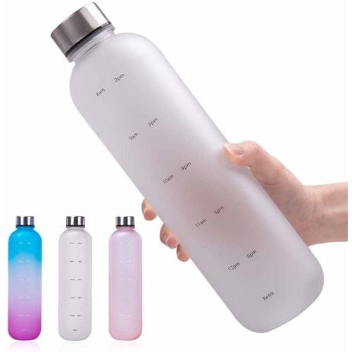 Water Bottle with Time Marker, 1000ml Silver Steel Cover, BPA-Free Drinking Reminder, Leak-Proof Frosted Time Marker for Fitness, Sports, and Outdoors