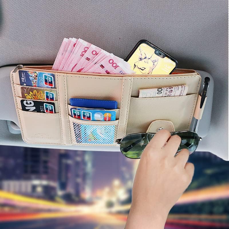 

JEYODA Sun Visor Organizer Auto Interior Accessories Storage Pocket With Multi-Pocket Net Zippers (Style 2-Brown) style 1-beige