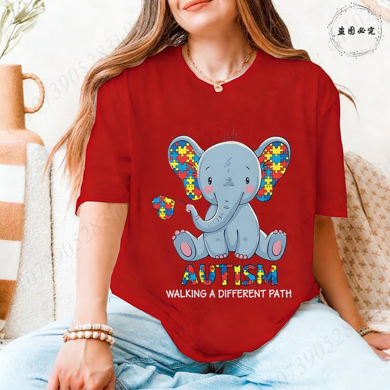 Unisex's Autism Awareness T-shirts: Cute Elephant Puzzle Graphic Tops Walking A Different Path Short Sleeve Autism Support Tees