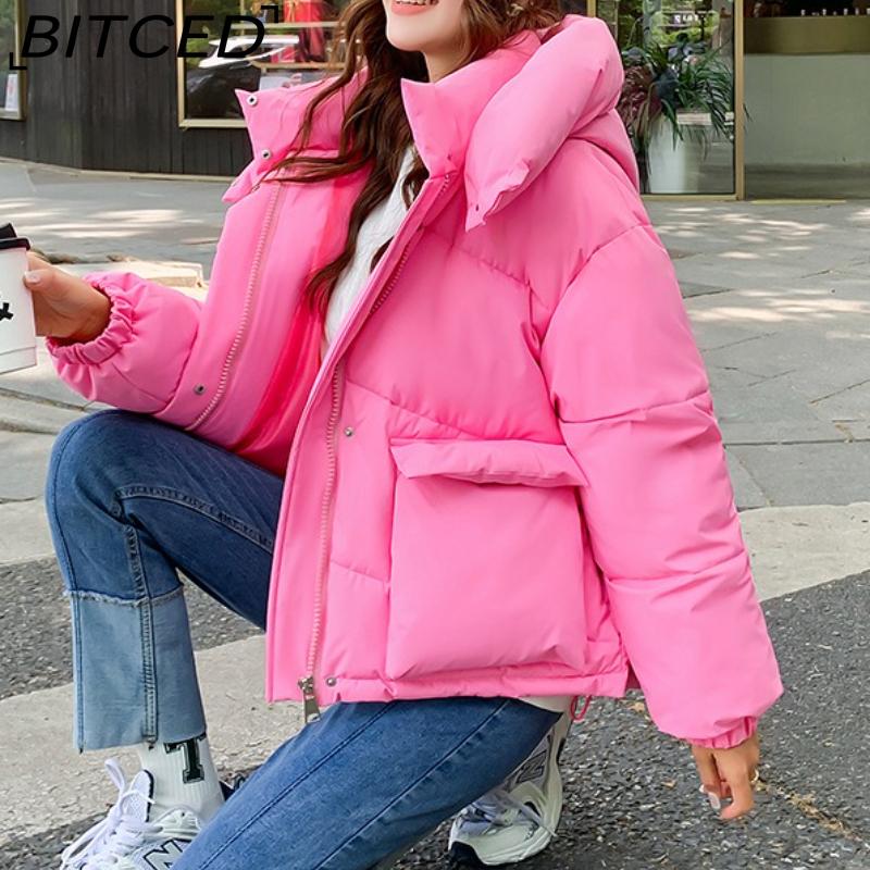 BITCED Women's Loose-Fit Puffer Jacket with Hood - Short-Length Thickened Winter Coat