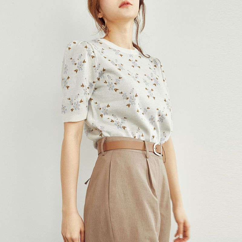 Womens Floral Jacquard Puff Sleeve Knit Short Sleeve Top S зелёный
