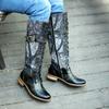 Women Knee-High Genuine Leather 4cm High Heels Printed Side Zipper Lace Up Black Short Boot 2025 Punk Female Booties Designer