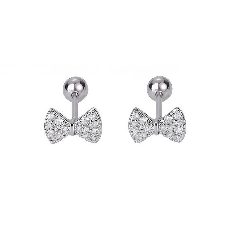 New Sweet Bow-shaped Stud Earrings with Screw Fastening, Ear Bar Studs with Anti-lost Threads, Ear Jewelry Set