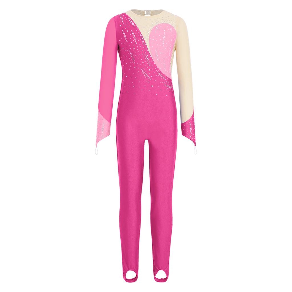 Girls Long Sleeve Finger Holes Keyhole Back Shiny Rhinestones Stirrup Bodysuit Gymnastics Dance Jumpsuit