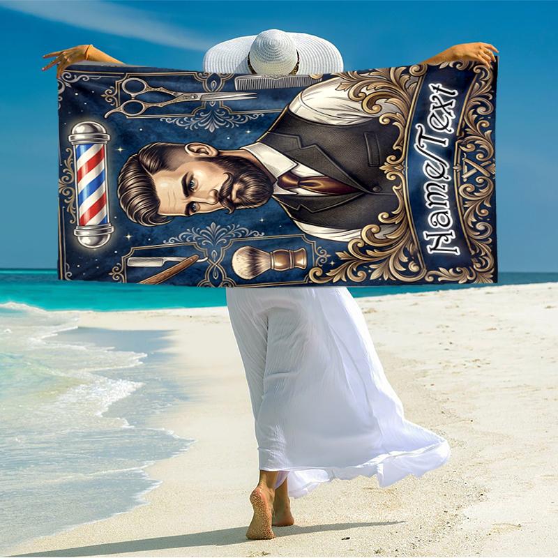 1PC Custom Name Barber Shop Vintage Style Beach Towel Highly Absorbent And Sand-Resistant Towel for Swimming, Pool, Yoga, And Travel Lightweight