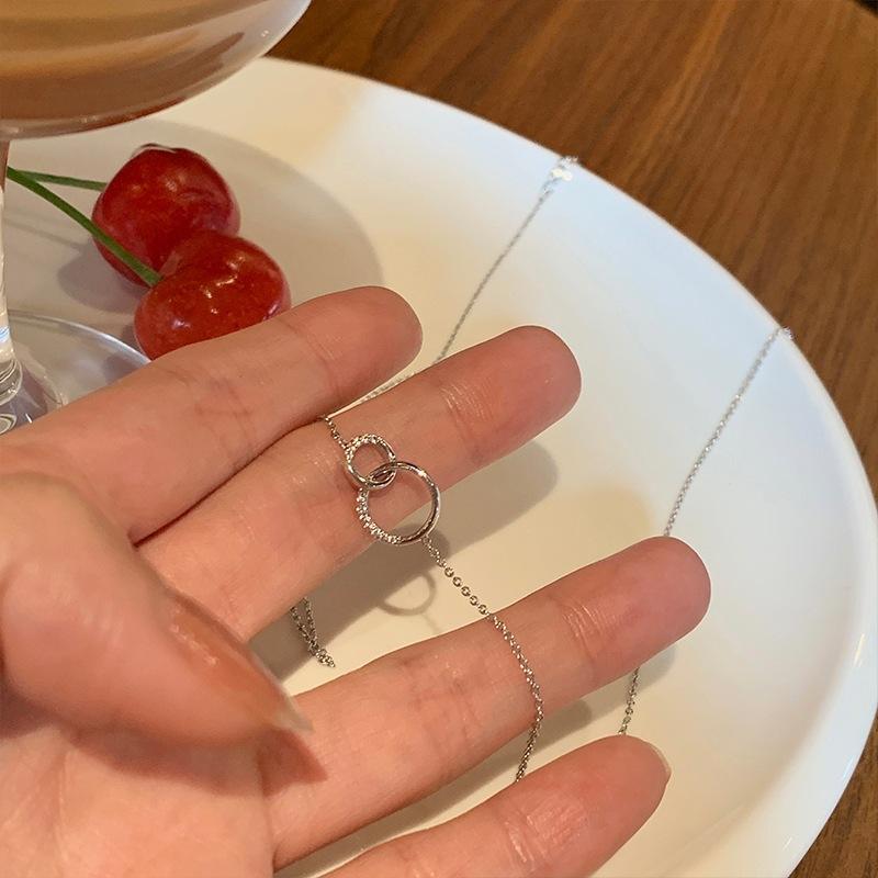 S925 sterling silver double ring necklace Korean version versatile commuter interlocking pendant simple high-end exquisite collarbone chain