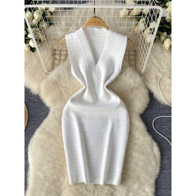 Adult Lady Like Woman Elegance Sleeveless Vest Dress Women's Stylish V Neck Elastic Slim Fit Slimming Sheath Bottom Knitted Dress