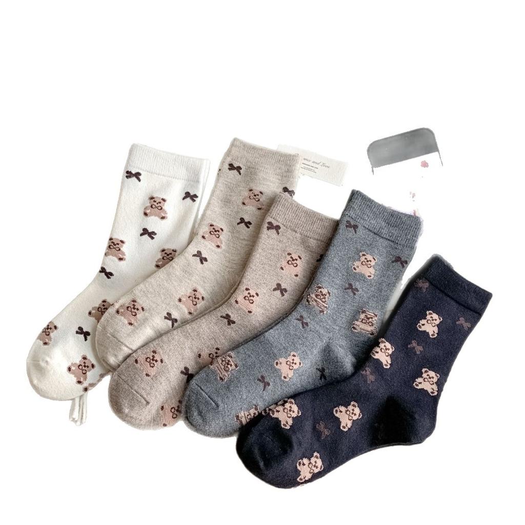 Women's Warm and Adorable Mid-length Socks for Autumn and Winter. Winter Woolen Teddy Bear Women's Socks. Casual Non-stretch Socks.