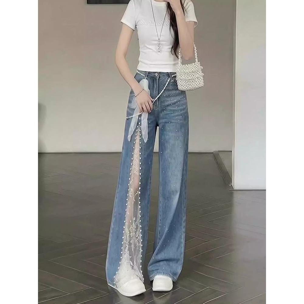 Women's High Waist Wide Leg Jeans Lace Patchwork Rhinestone Decor Loose Denim Pants