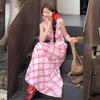 Red and White Plaid Neck Suspender Dress Women's Summer French High-end Temperament V-neck Waist Long Dress